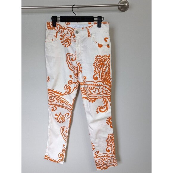 Brebis Noir Women's 26 Cotton White Orange Paisley Skinny Jeans Pants Summer - Picture 1 of 10